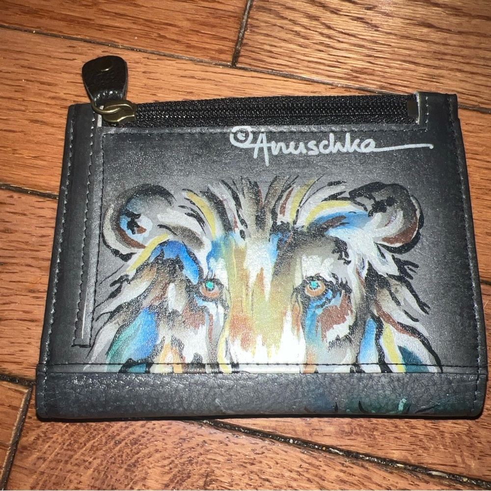 Anuschka Black Leather Card Wallet with Multicolor Painted Lion